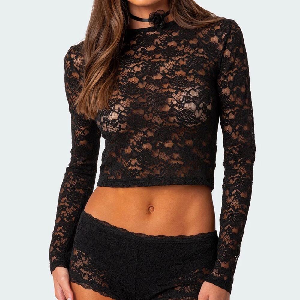 Women’s Edikted Stella Sheer Cropped Lace Long Sleeve Top Size Medium (0972)
